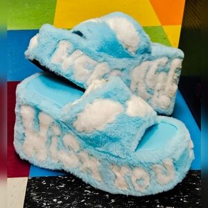 NWB JET SET JEALOUSY FAUX FUR PLATFORM SANDALS- BLUE DELIA*S BY DOLLS KILL